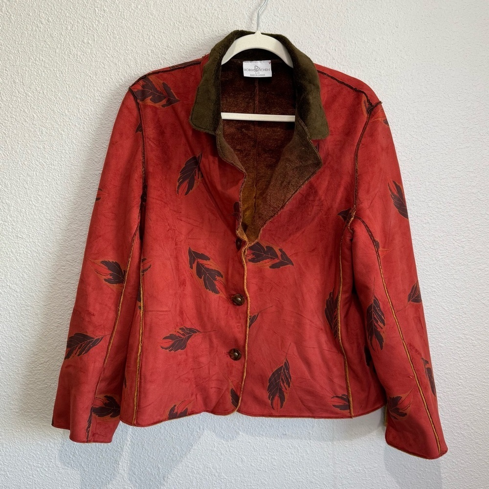 VTG Reversible Jacket Red Faux Suede + Fur‎ Casual Button Up Boho Artsy Leaf L